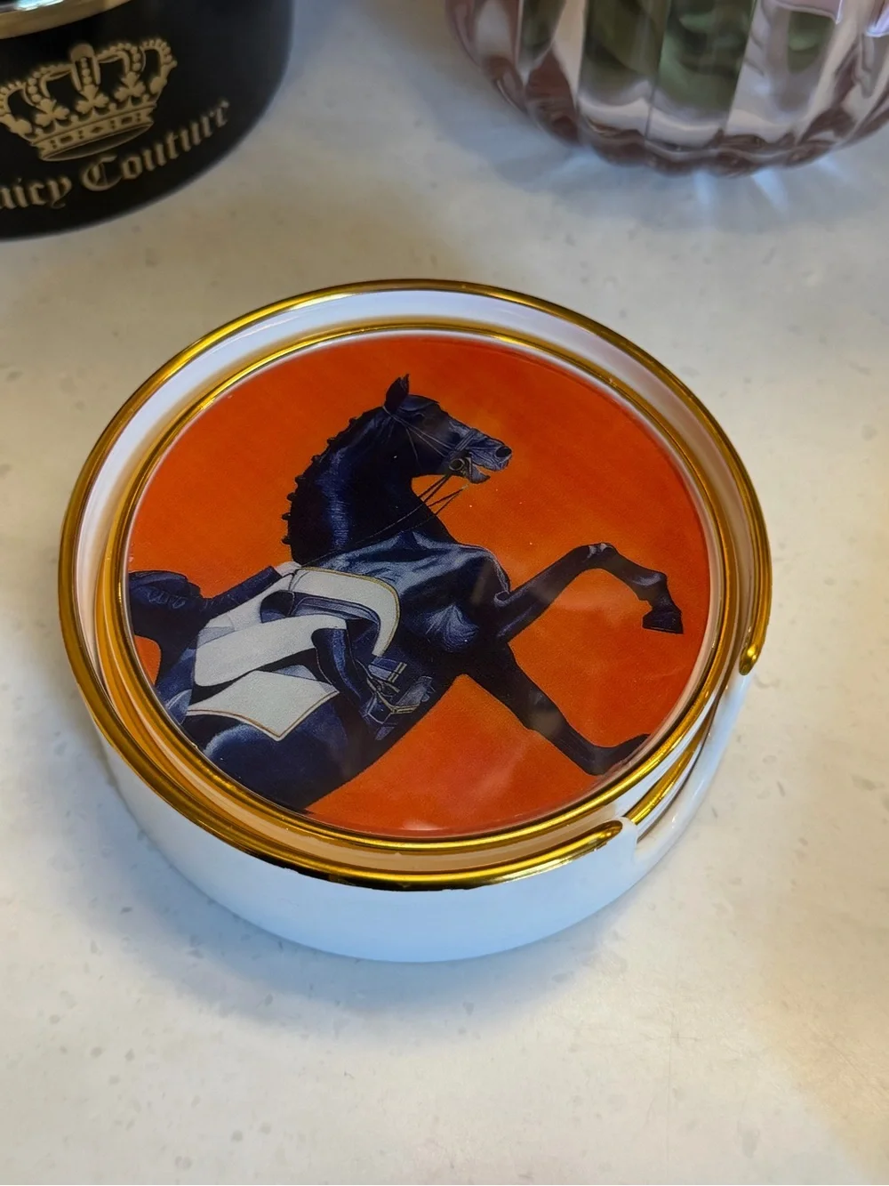 Set of 4 Equestrian Horse Decorative coasters in caddy - dramatic Orange & Navy